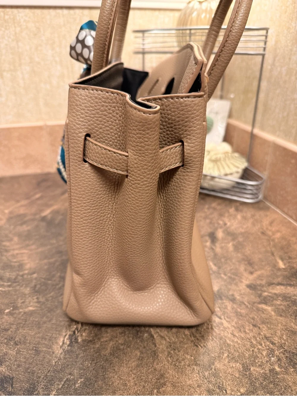 Taupe Structured Top-Handle Tote with Gold Hardware